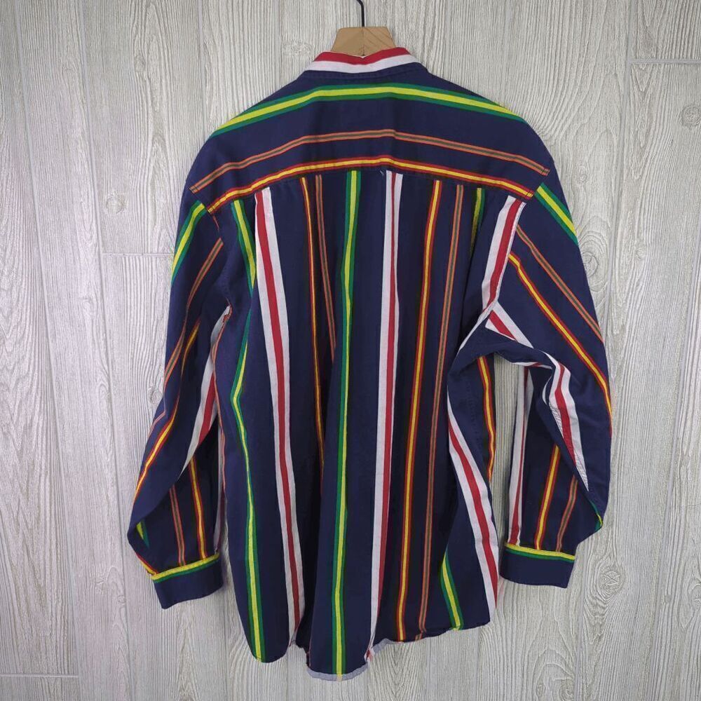 Vintage Eddie Bauer Men's Large Navy Blue Multi Striped Long Sleeve Button Down - Picture 3 of 6